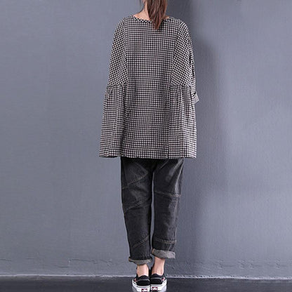 Blusen aus feiner Baumwollmischung im Oversize-Stil, lässig, Rundhalsausschnitt, langärmlig, Frühlings-Gitterhemd