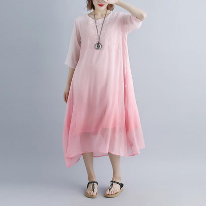 feine Baumwollkleider trendige Plus-Size Fake Zweiteiler Taschen Retro Pink Sommerkleid