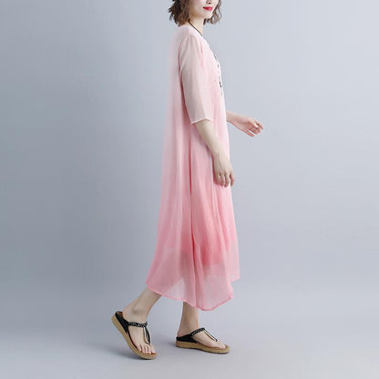 feine Baumwollkleider trendige Plus-Size Fake Zweiteiler Taschen Retro Pink Sommerkleid
