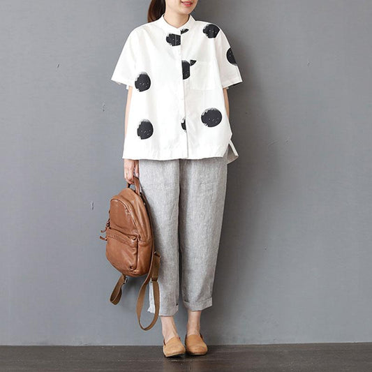 Sommertop aus feiner Baumwolle, übergroßes Stehkragen-Kurzarm-Shirt aus lockerer Baumwolle in Weiß