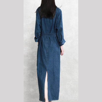 feines Denimblau 2018 Herbstkleid lässig V-Ausschnitt Taillenbinde Reisekleid 2018 Langarm Rückseite offen lange Kleider