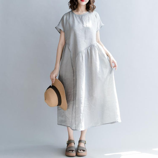 feines graues Naturleinenkleid Oversize-O-Ausschnitt-Patchwork-Leinen-Maxikleid 2018 Kurzarm-Baggy-Kleider