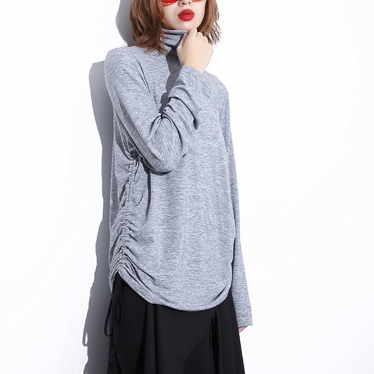 feine graue reine Oberteile übergroßes T-Shirt aus Baumwolle mit hohem Halsausschnitt feine Blusen mit Kordelzug