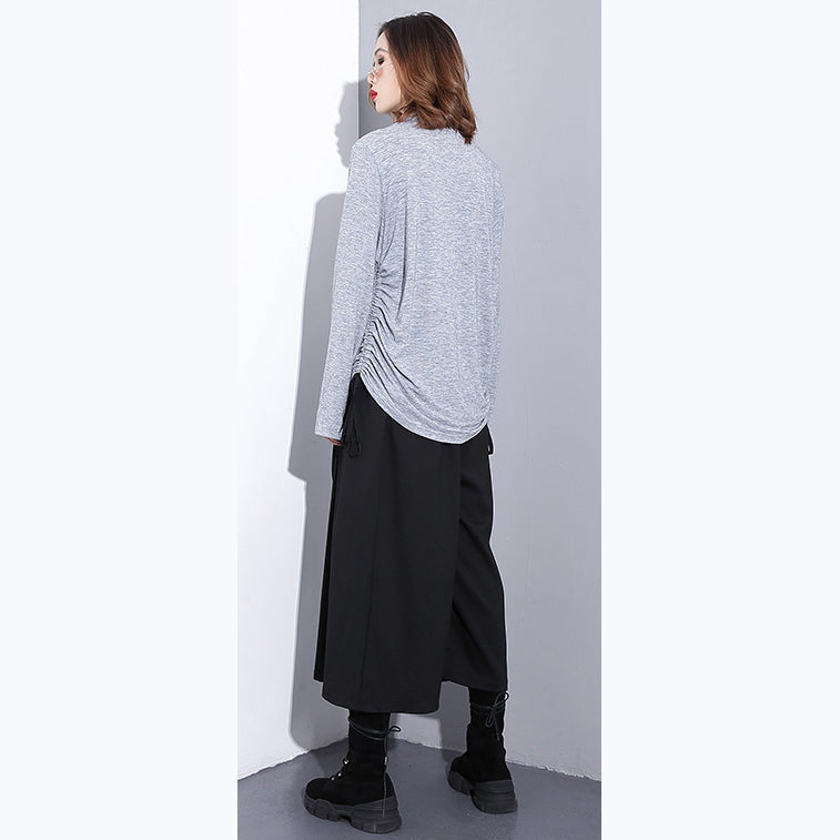 feine graue reine Oberteile übergroßes T-Shirt aus Baumwolle mit hohem Halsausschnitt feine Blusen mit Kordelzug