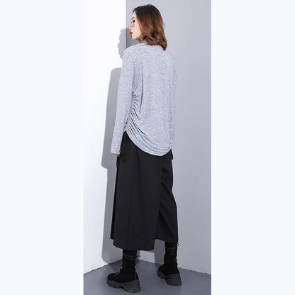 feine graue reine Oberteile übergroßes T-Shirt aus Baumwolle mit hohem Halsausschnitt feine Blusen mit Kordelzug