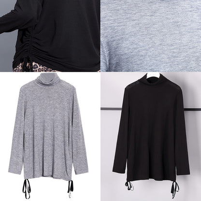 feine graue reine Oberteile übergroßes T-Shirt aus Baumwolle mit hohem Halsausschnitt feine Blusen mit Kordelzug