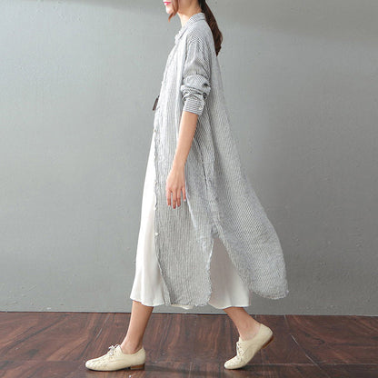 feines grau gestreiftes Kleid aus natürlichem Baumwollleinen in Übergröße, langärmelige Baggy-Kleider für Damen