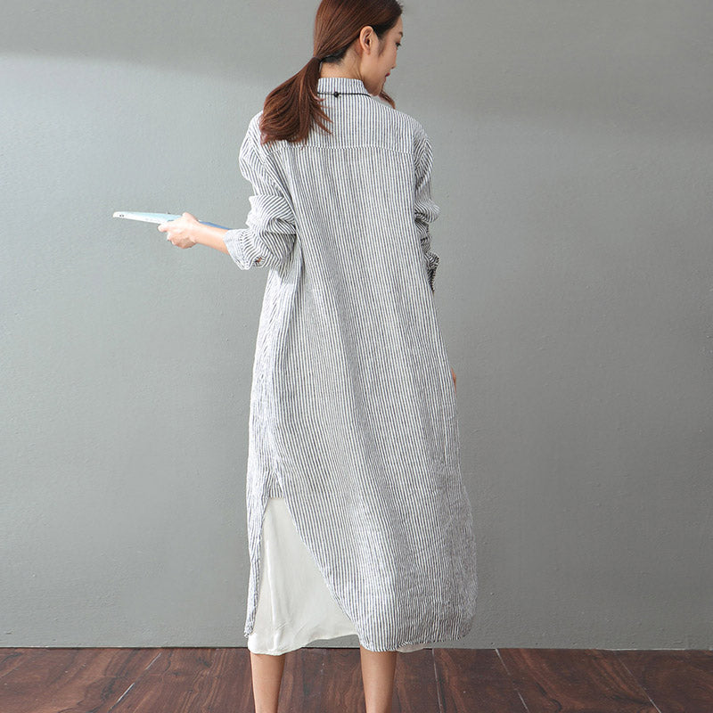 feines grau gestreiftes Kleid aus natürlichem Baumwollleinen in Übergröße, langärmelige Baggy-Kleider für Damen