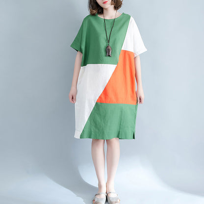 feine grüne Midi-Leinenkleider Plus Size Kleidung Hemdkleid Elegante O-Ausschnitt Patchwork Leinenkleider