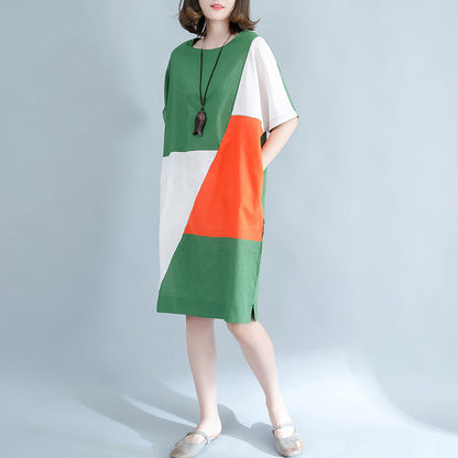 feine grüne Midi-Leinenkleider Plus Size Kleidung Hemdkleid Elegante O-Ausschnitt Patchwork Leinenkleider