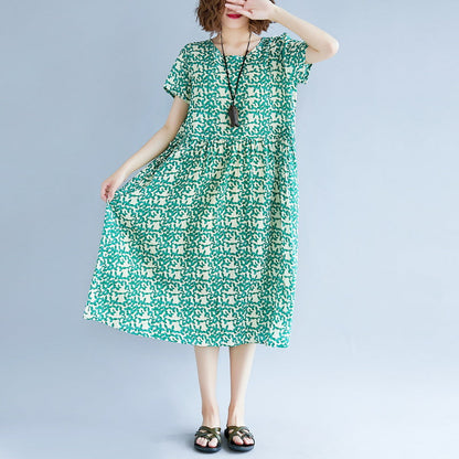 feine grüne Baumwoll-Leinen-Kleider in Übergröße, kurzärmelige Print-Baggy-Kleider, lange Kleider, Vintage-Reisekleid mit Rundhalsausschnitt