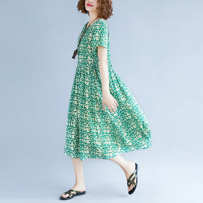 feine grüne Baumwoll-Leinen-Kleider in Übergröße, kurzärmelige Print-Baggy-Kleider, lange Kleider, Vintage-Reisekleid mit Rundhalsausschnitt
