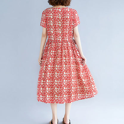 feine grüne Baumwoll-Leinen-Kleider in Übergröße, kurzärmelige Print-Baggy-Kleider, lange Kleider, Vintage-Reisekleid mit Rundhalsausschnitt