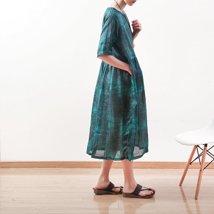 feines grünes Naturleinenkleid plus size O-Ausschnitt Leinen Maxikleid Elegantes Kurzarmkleid