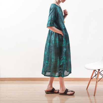 feines grünes Naturleinenkleid plus size O-Ausschnitt Leinen Maxikleid Elegantes Kurzarmkleid