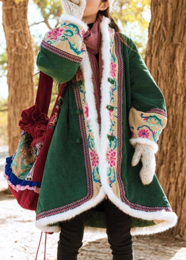 fine green winter outwear plus size Jackets & Coats embroidery Chinese Button coats - SooLinen