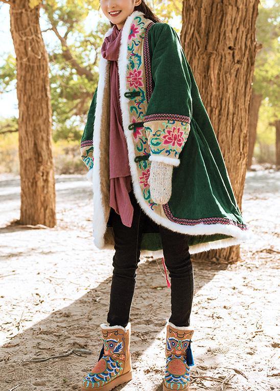 fine green winter outwear plus size Jackets & Coats embroidery Chinese Button coats - SooLinen