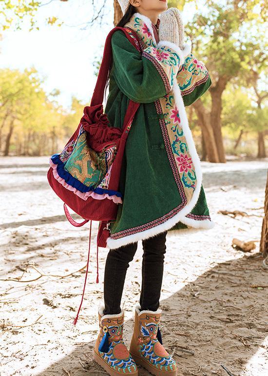 fine green winter outwear plus size Jackets & Coats embroidery Chinese Button coats - SooLinen