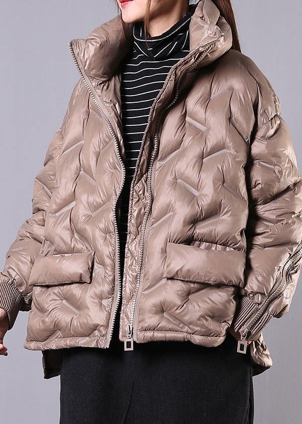 fine khaki coat oversized Jackets & Coats stand collar zippered outwear - SooLinen