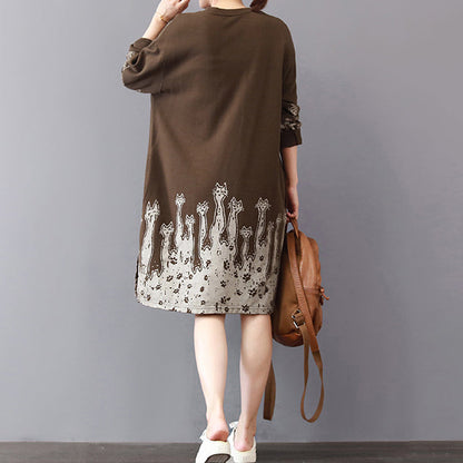 feine khakifarbene Etuikleider aus Baumwolle, trendige Baumwollkleidung in Übergröße, Kleider mit Prints, Vintage-Baumwollkleid mit seitlicher Öffnung