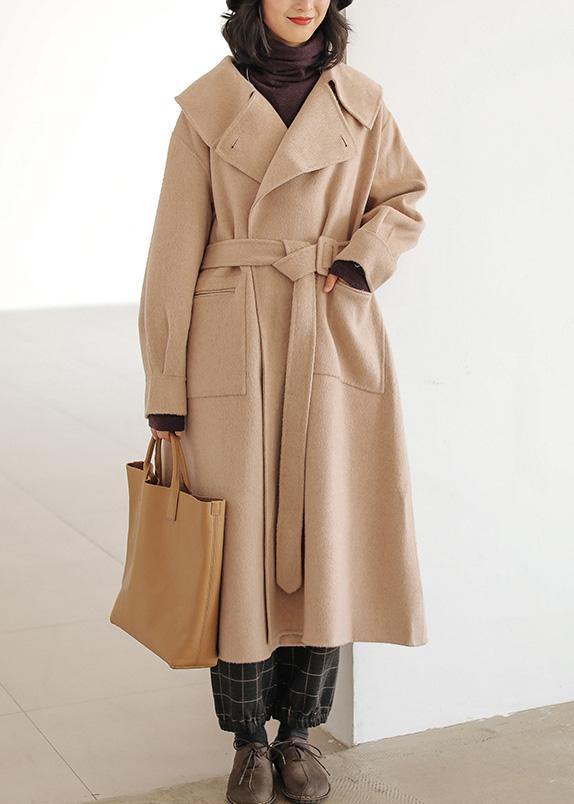 fine khaki wool coat plus size Notched pockets long jackets - SooLinen