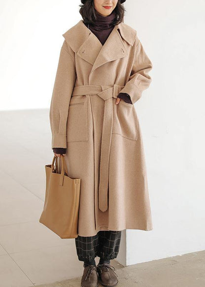fine khaki wool coat plus size Notched pockets long jackets - SooLinen