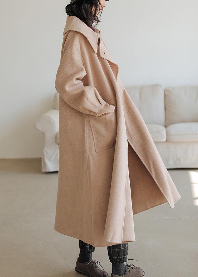 fine khaki wool coat plus size Notched pockets long jackets - SooLinen