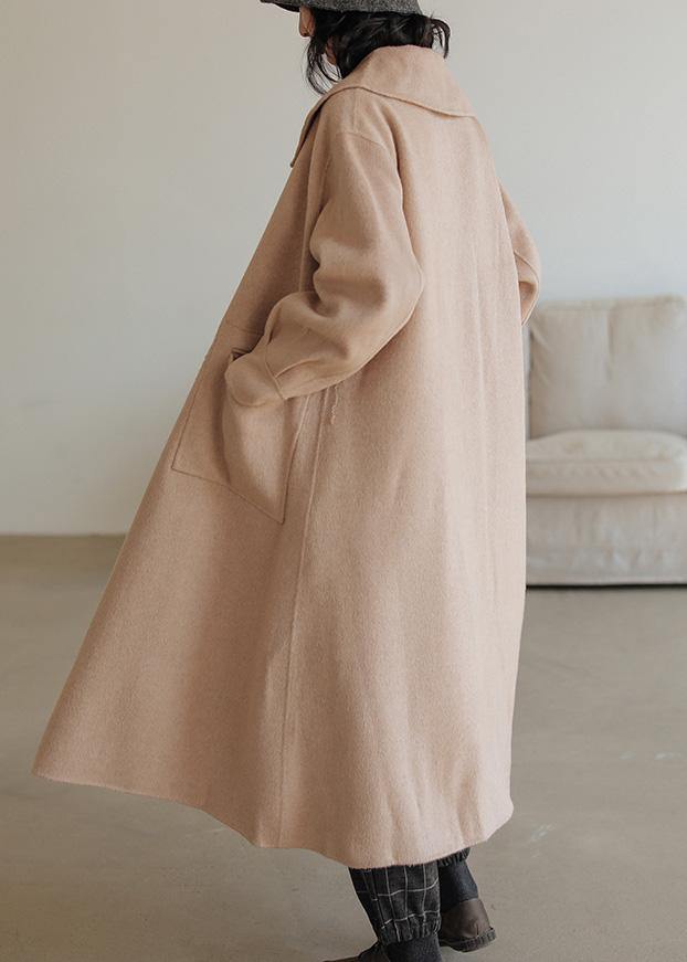 fine khaki wool coat plus size Notched pockets long jackets - SooLinen