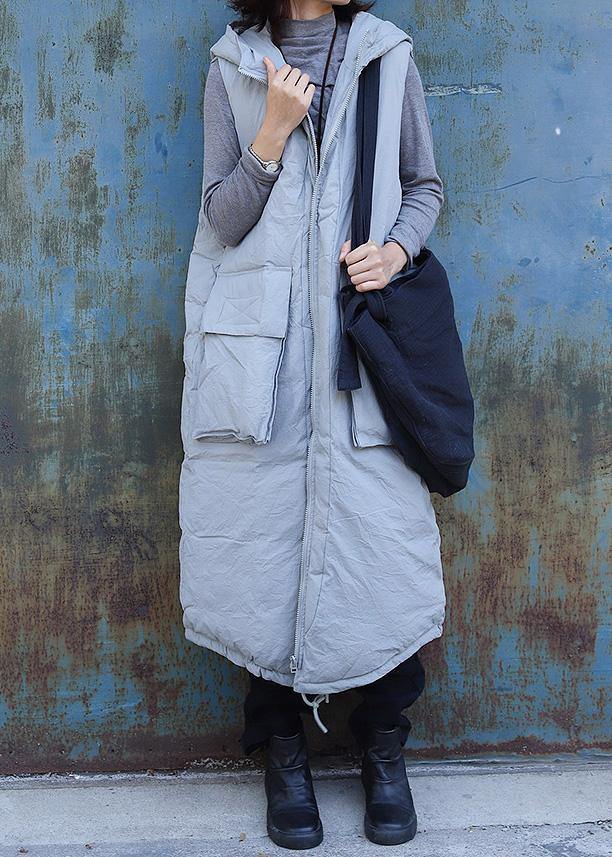 fine light gray sleeveless winter parkas oversized Jackets & Coats hooded big pockets coats - SooLinen