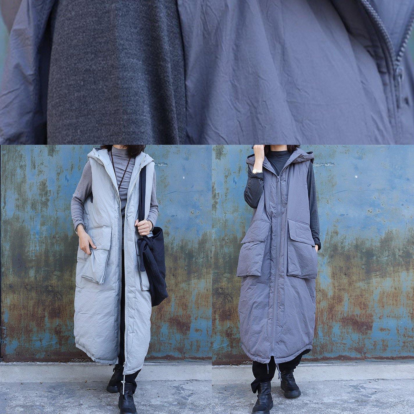 fine light gray sleeveless winter parkas oversized Jackets & Coats hooded big pockets coats - SooLinen