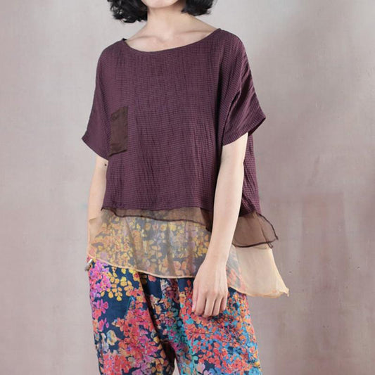 Bluse aus feinem Leinengemisch in Übergröße, lockere, kurzärmlige, gestreifte rote Bluse aus Leinen