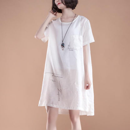 feines Leinen-Baumwollkleid Oversize High-Low-Saum Sommer Kurzarm Taschen Schlitz Weißes Kleid