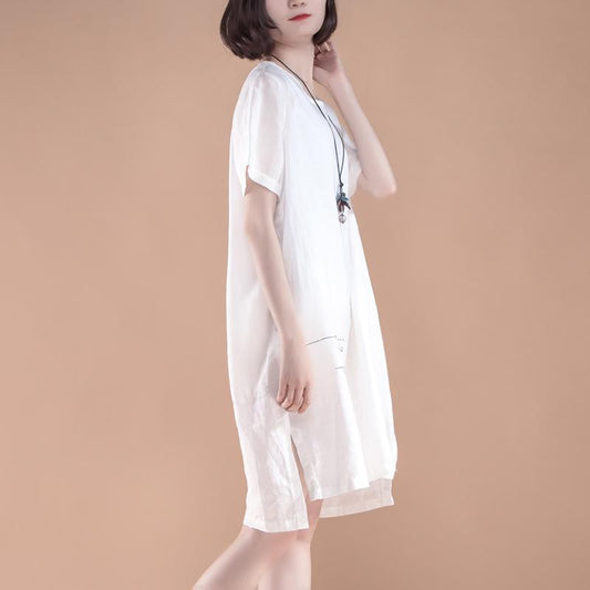 feines Leinen-Baumwollkleid Oversize High-Low-Saum Sommer Kurzarm Taschen Schlitz Weißes Kleid