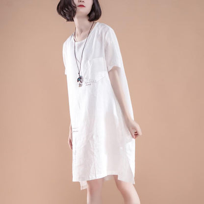 feines Leinen-Baumwollkleid Oversize High-Low-Saum Sommer Kurzarm Taschen Schlitz Weißes Kleid