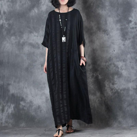 fine linen dress trendy plus size Retro Loose Round Neck 12 Sleeve Black Dress