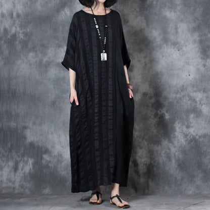 feines Leinenkleid trendiges Plus-Size-Retro-Lockeres Rundhals-12-Ärmel-Schwarzes Kleid