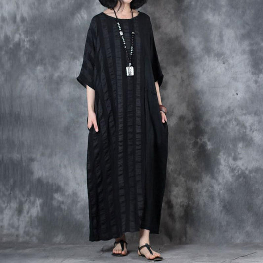 fine linen dress trendy plus size Retro Loose Round Neck 12 Sleeve Black Dress