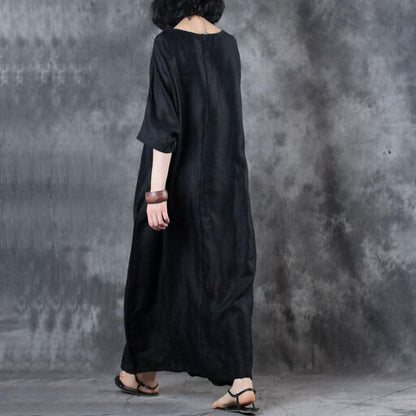 feines Leinenkleid trendiges Plus-Size-Retro-Lockeres Rundhals-12-Ärmel-Schwarzes Kleid