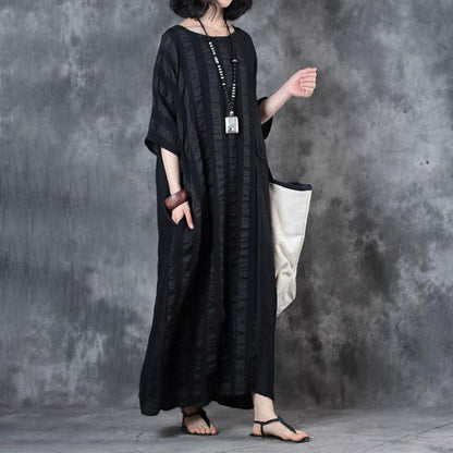 feines Leinenkleid trendiges Plus-Size-Retro-Lockeres Rundhals-12-Ärmel-Schwarzes Kleid