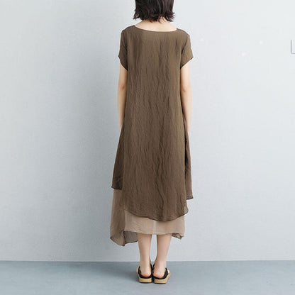 feine lange Baumwollkleider in Übergröße False Zweiteiliges Kurzarm-Schokoladen-Einfarbiges Kleid