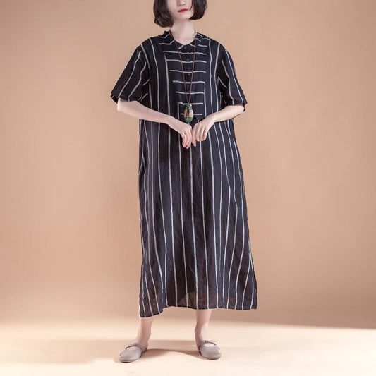fine natural linen dress trendy plus size Short Sleeve Slit Summer Round Neck Stripe Black Dress