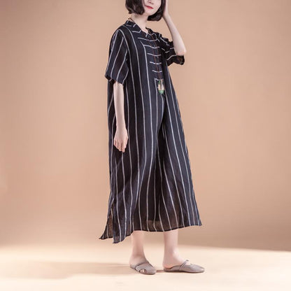 feines natürliches Leinenkleid trendiges Plus-Size-Kurzarm-Schlitz-Sommer-Rundhals-Streifen-Schwarzes Kleid