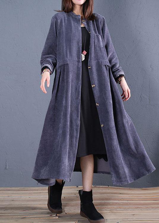 fine navy coats plus size fall o neck pockets long coat - SooLinen