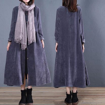 fine navy coats plus size fall o neck pockets long coat - SooLinen