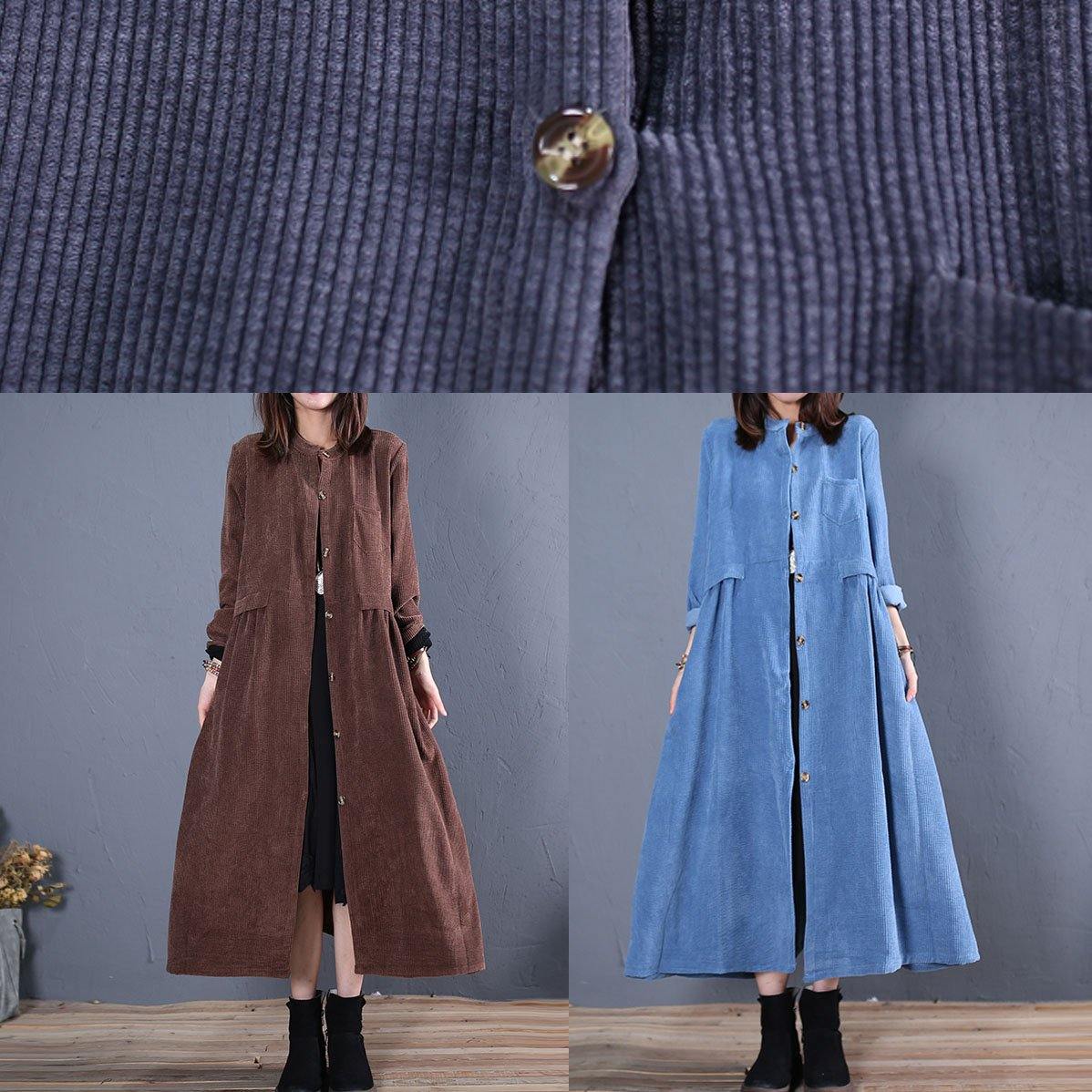 fine navy coats plus size fall o neck pockets long coat - SooLinen