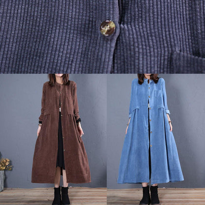 fine navy coats plus size fall o neck pockets long coat - SooLinen