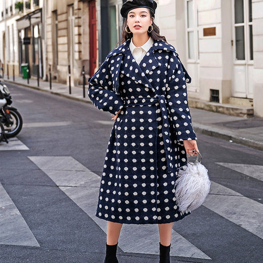 feiner marineblauer gepunkteter Mantel in Übergröße, gekerbter Trenchcoat 2018, Wolljacken mit Taillenbund