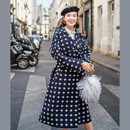 feiner marineblauer gepunkteter Mantel in Übergröße, gekerbter Trenchcoat 2018, Wolljacken mit Taillenbund