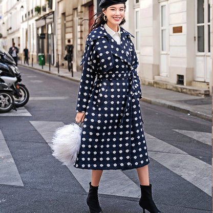 feiner marineblauer gepunkteter Mantel in Übergröße, gekerbter Trenchcoat 2018, Wolljacken mit Taillenbund