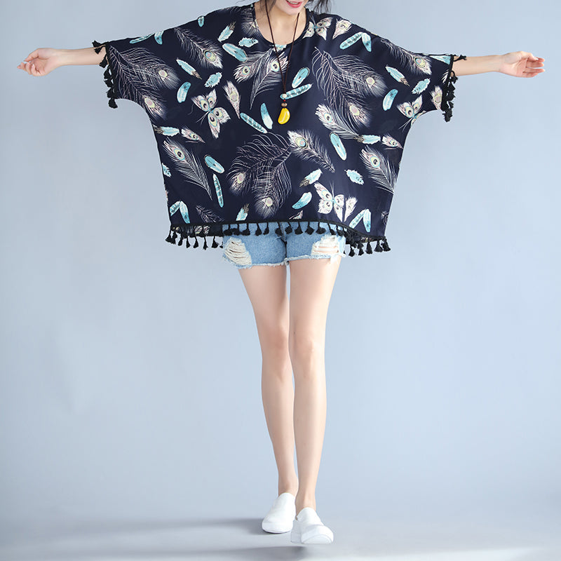 feines marineblaues T-Shirt aus natürlichem Leinen, locker sitzende, lässige Strickjacken, Boutique-Oberteile aus Leinen und Baumwolle mit Quasten und Blumenmuster